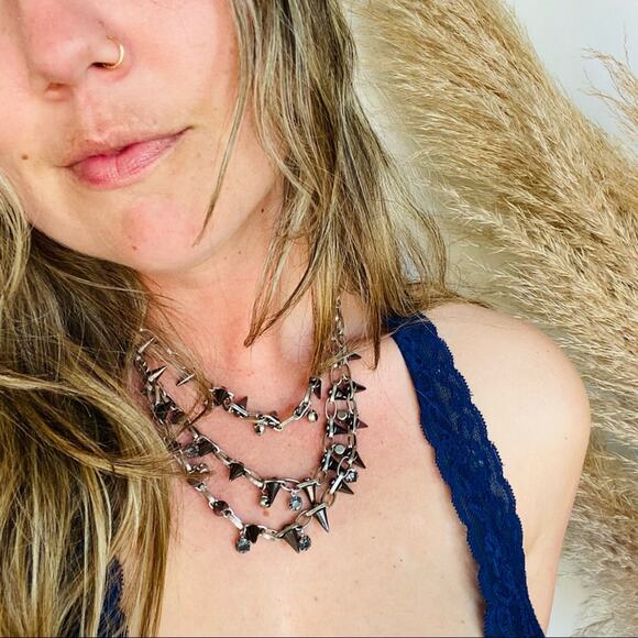 NORDSTROM REVOLVE Silver Gunmetal Stud Charm Layered Multi Statement Necklace - Picture 3 of 8